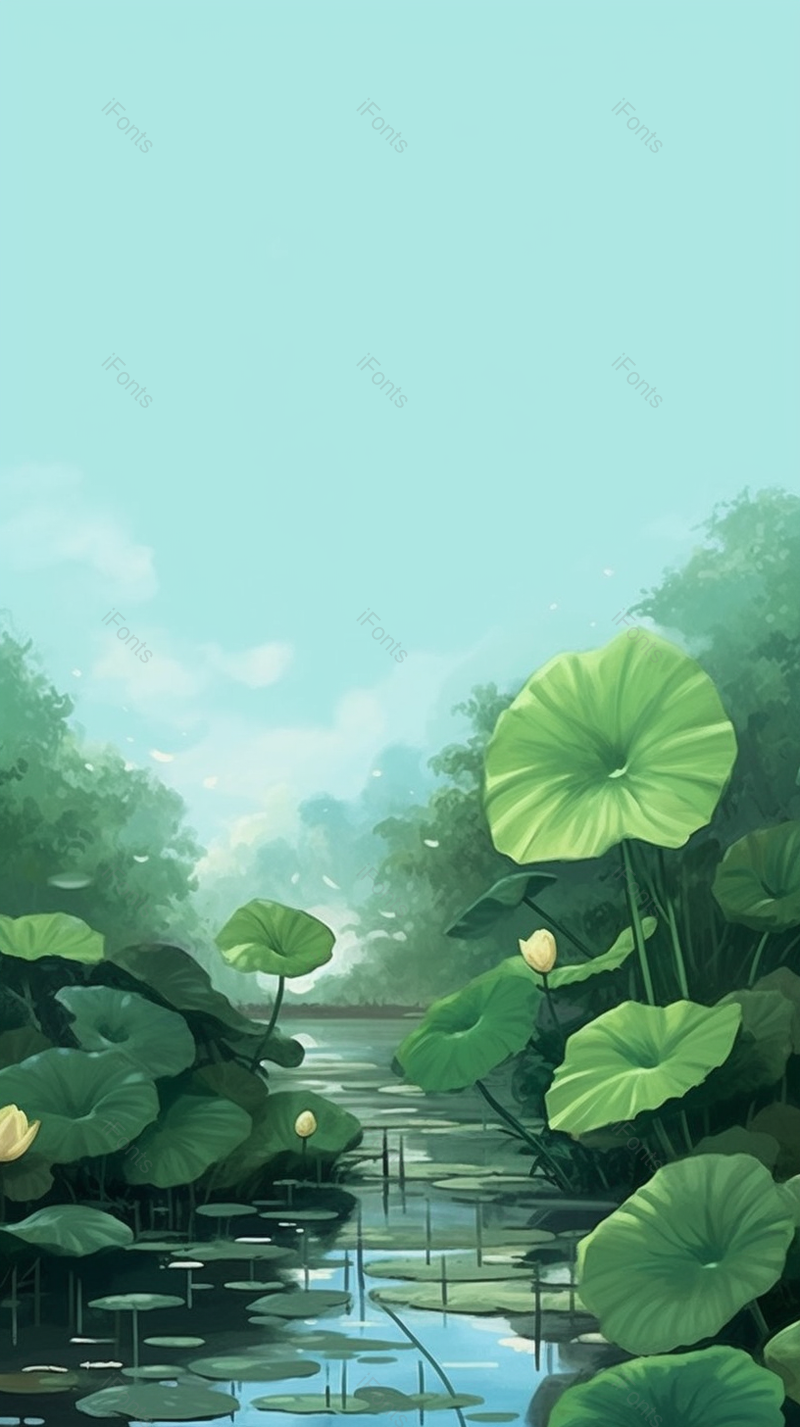 池塘边的荷花自然生长手绘背景,插画/手绘图,插画/手绘图库,插画/手绘图下载,插画/手绘